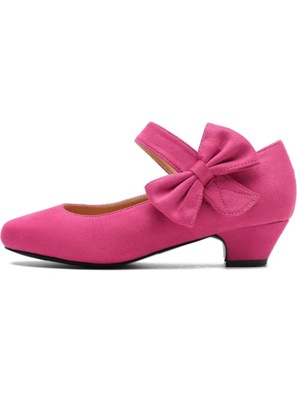 Women's Pink Suede Low Block Heel with Side Bowknot Round Toe Wedding Pump Shoes - Picture 4 of 7